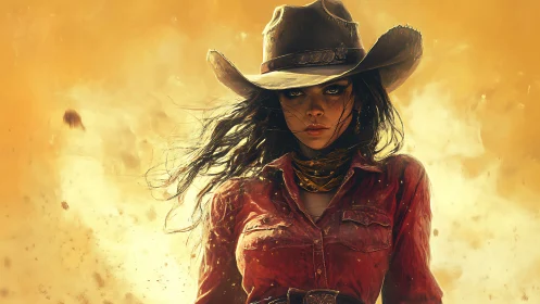 Female gunslinger in dusty western desert landscape.