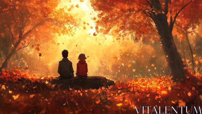 Two figures seated under dense autumn foliage in sunlight.