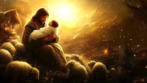 Sacred pastoral embrace under radiant golden celestial light.