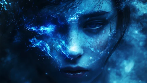 Human face integrates with blue luminous fluid and vapor effects