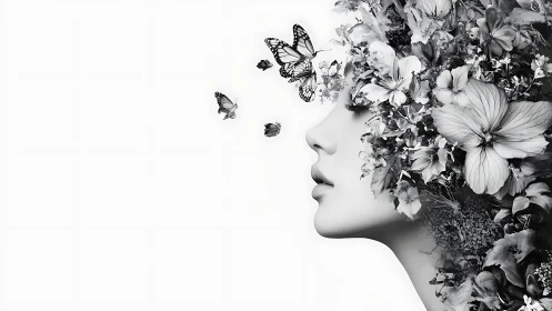 Surreal female profile merges with monochrome floral burst
