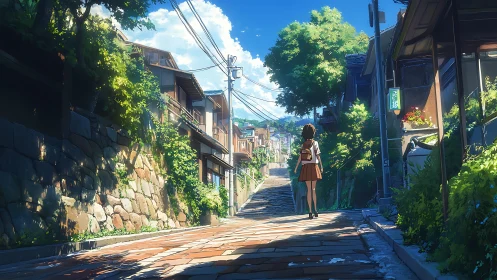Sunlit hillside street quietly escorts a girl toward summer
