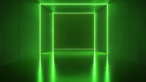Green neon frame illuminates dark reflective corridor