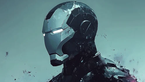 Futuristic armored helmet portrait with worn metallic surface.