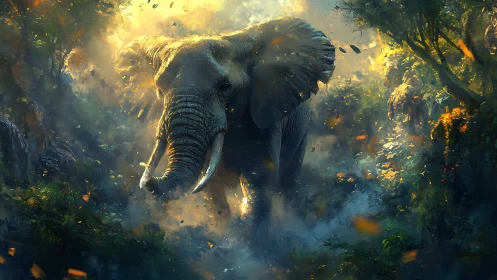 Sunlit jungle elephant stepping through glowing mist.