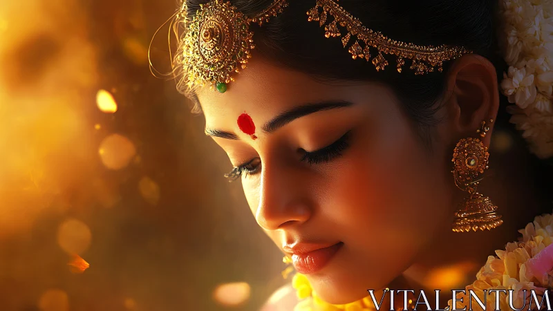 Photorealistic bridal portrait in warm ceremonial bokeh light.
