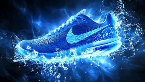 Electric blue running shoe surges through liquid lightning.