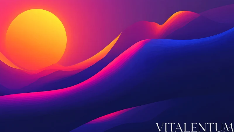 Radiant neon sun sinks behind glowing gradient hills.