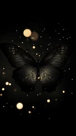 Dark butterfly silhouette with golden particle highlights.