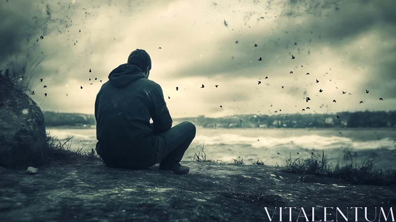 Solitary figure beside stormy sea beneath gathering clouds.