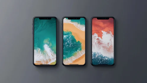 Triple smartphone lineup displays vivid ocean wave screens.