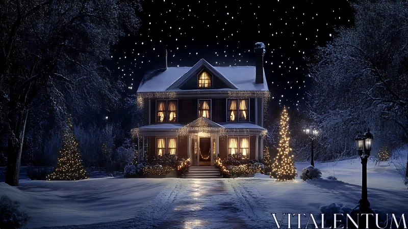 Snow-covered Victorian house with warm festive lighting at night