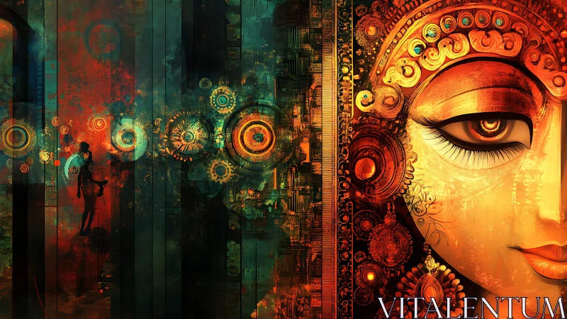 Abstract digital portrait aligns ornate face with mechanical motifs