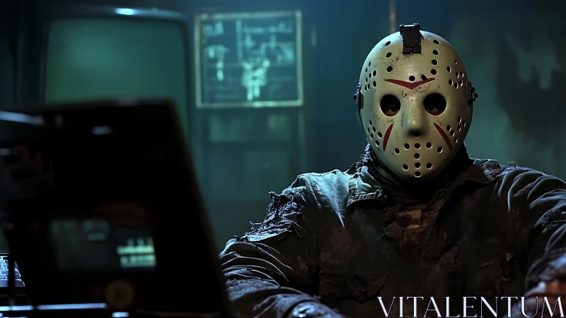 Masked night watcher studies glowing monitors in cold silence