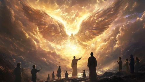 Winged celestial figure above robed observers in sky glow.