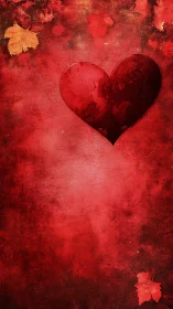 Crimson Heart on Grunge Texture with Autumn Leaves.