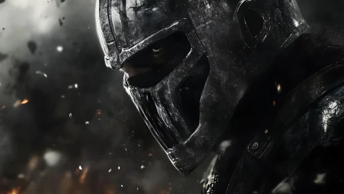 Armored warrior in dark metal helmet amid sparks.