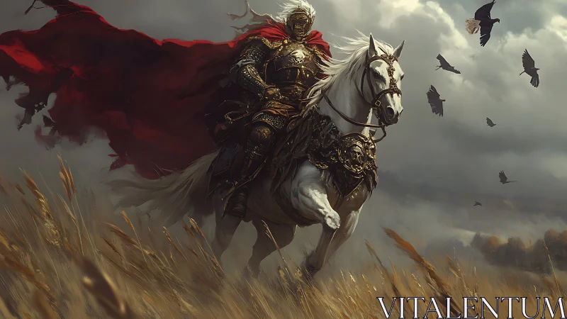 Armored warlord on white steed under stormlit battlefield sky.