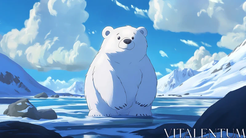 Cartoon polar bear stands on icy shoreline in Arctic scene