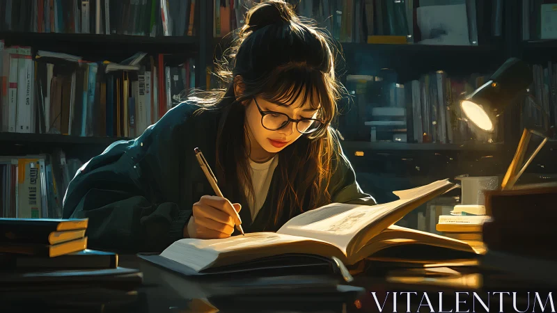 Late-night scholar immersed in books under warm lamplight.