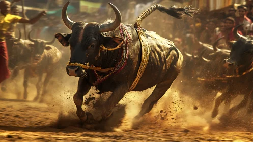 Powerful bull charging through golden festival dust.
