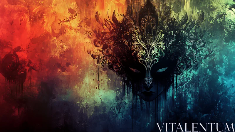 Intricate mask silhouette amid vivid abstract color field.