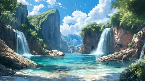 Twin cascade lagoon with limestone cliffs under midday sun