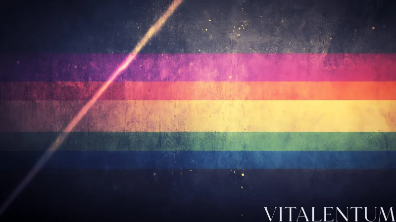 Weathered rainbow flag hums under a cosmic diagonal ray