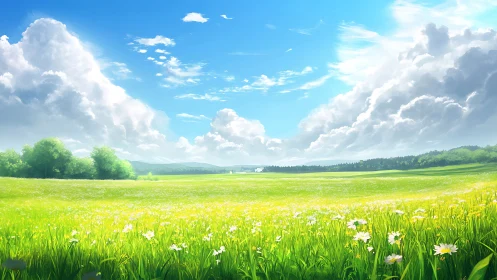 Digital pastoral meadow under expansive cumulus sky panorama.