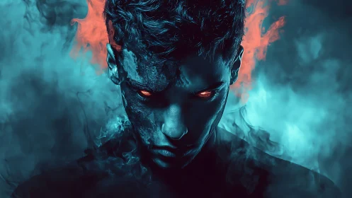 Smoldering blue-eyed antihero framed in electric mist.