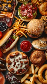 Fast-food carnival spills across the table in golden chaos