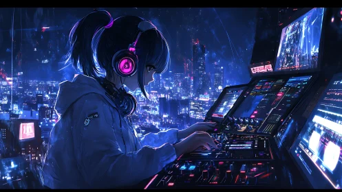 Cyberpunk girl commands neon control deck above skyline.