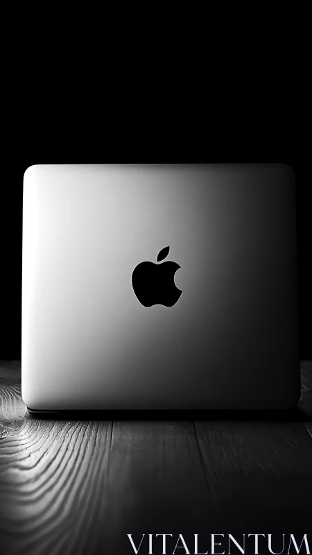 Backlit silver laptop on wooden desk against deep black void