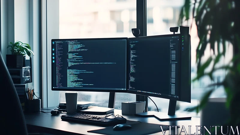 Dual monitor coding workstation in modern office light.