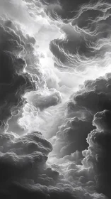 Monochrome cloud cathedral in vertical atmospheric composition.