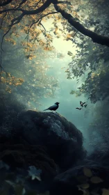 Songbird rests on mossy stones beneath glowing forest canopy.