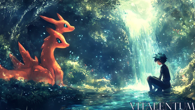 Twin ember dragons trade secrets with a quiet forest boy