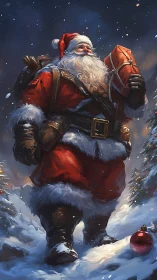 Jolly Santa strides through snowy night with Christmas gift.