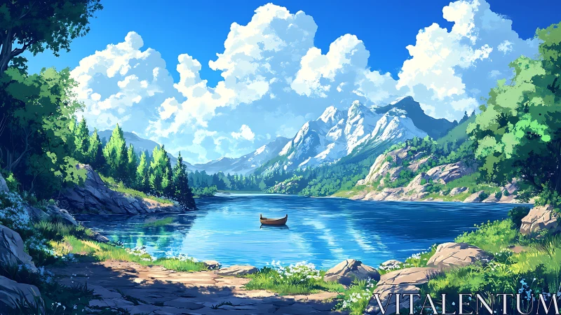 Solitary wooden boat rests on clear alpine lake beneath clouds