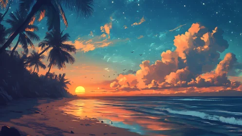 Dreamy tropical sunset shore wrapped in glowing colors.