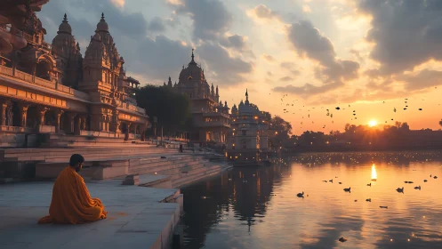 Monk meditates beside riverside temple at glowing sunset