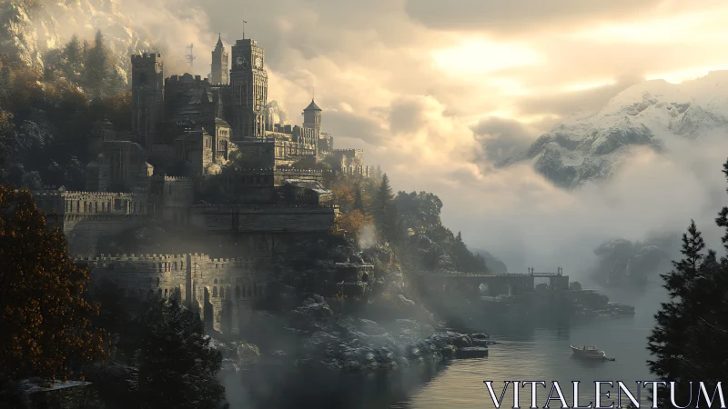 Misty cliffside castle glowing over a quiet mountain lake.