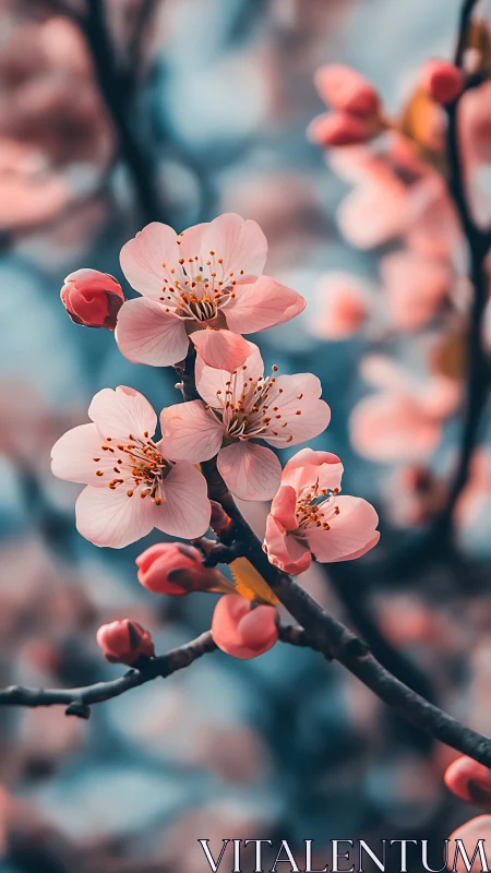 Pink flowering branch with blurred background environment.