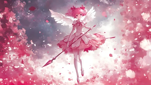 Winged magical girl drifts amid pink clouds and petals.