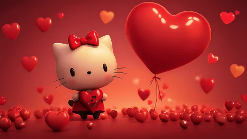 Hello Kitty Character with Heart Balloon in Monochromatic Red Setting