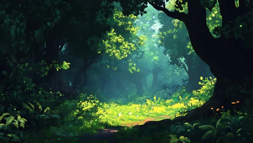 A Sunlit Forest Clearing Glowing with Wonder.