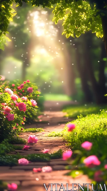 Sunlit garden path with pink flowers and soft background blur