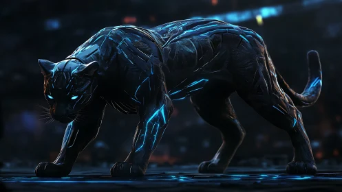 Cybernetic panther stalks through neon-lit futuristic shadows