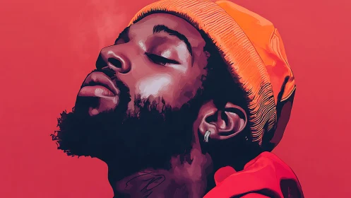 Profile portrait of man in orange beanie on red background.