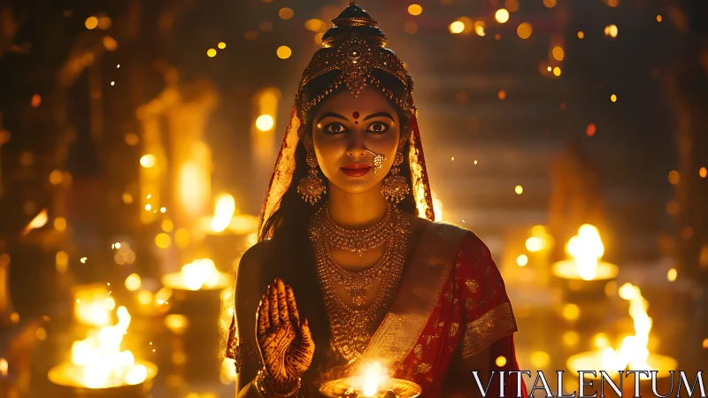 Indian woman in red saree holds diya amid temple lights.